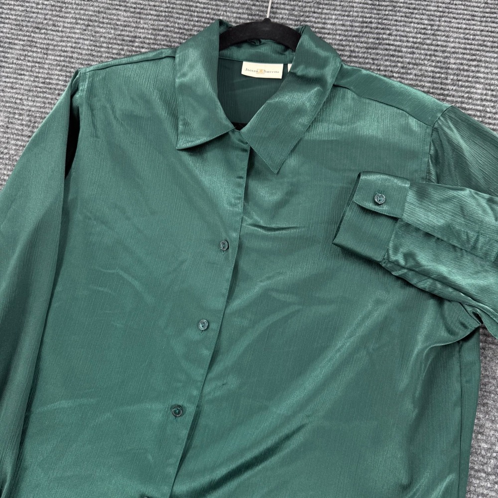 Jaclyn Smith Womens 14 Green Satin Long Sleeve Button Up Blouse Top Dressy